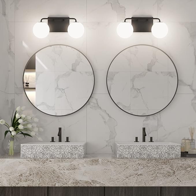 Tipace 2 Lights Mid Century Vintage Bathroom Vanity Light Fixtures Over Mirror Black Industrial Vanity Lights with Milk White Glass Globe Farmhouse Bath Lighting(Exclude Bulb)
