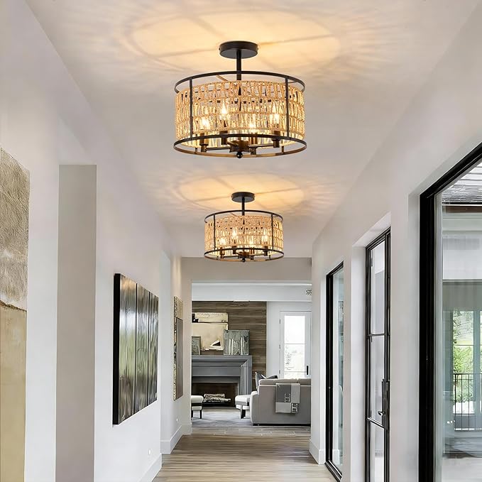 4 Light Rattan Ceiling Light Fixture 15inch Boho Semi Flush Mount Ceiling Light Black Hand-Woven Cage Wicker Chandelier for Dinning Room Living Room Bedroom Farmhouse Hallway Kitchen