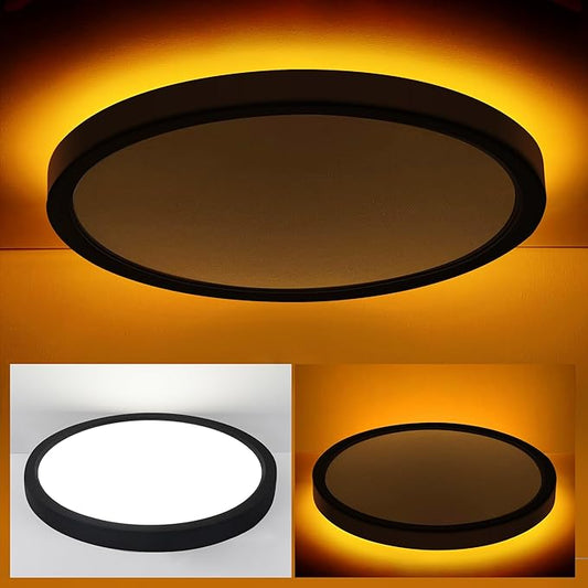 Hlite 12 Inch Flush Mount LED Ceiling Light with Night Light, 24W, 2400lm, Selectable 3000K/4000K/5000K, Flat Lights for Bedroom, Kitchen, Black(1Pack)