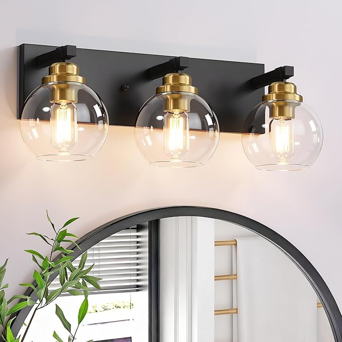 3-Light Bathroom Vanity Light Fixture Over Mirror, Bathroom Light Fixutre Matte Black & Gold Finish with Globle Clear Glass E26 Base Bulbs Not Included for Bathroom, Hallway, Bedroom, Living room