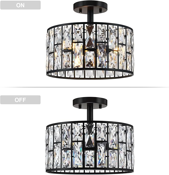 3 Light 12" Crystal Hanging Kitchen Island Ceiling Light Black Finish,Concise Pendant Fixture Crystal Metal Pendant Chandelier Lamp Shade for Bar,Dining Room,Living Room Over Sink