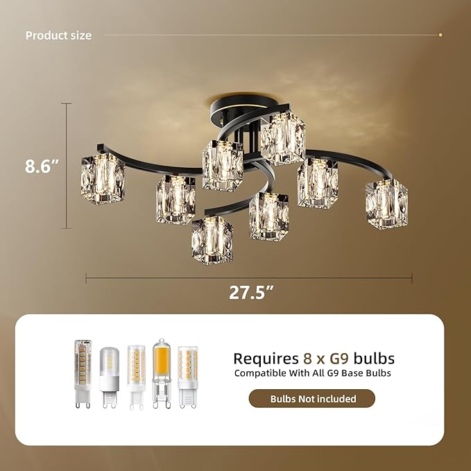 Black Modern Sputnik Chandelier Ceiling Light Fixtures,8-Lights Farmhouse Crystal Semi Flush Mount Ceiling Light for Bedroom Dining Room Living Room Kitchen Hallway