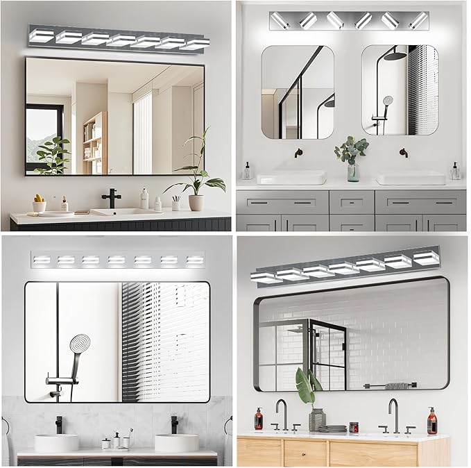 IZORRO LED Modern Bathroom Lights Fixtures(7-Light,Dimmable,360°Rotate),Chrome Acrylic Wall Lighting,Vanity Lights for Bathroom Over Mirror - 6000k 40In （No Assembly Required）