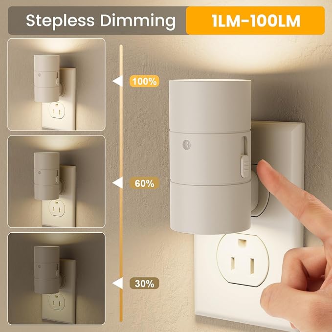 VOLISUN Night Light, Dimmable Led Night Lights Plug into Wall, Amber/3000K/4500K, 0-100LM Adjustable Brightness, Dusk to Dawn Nightlight for Hallway, Bathroom, Bedroom White 4 Pack