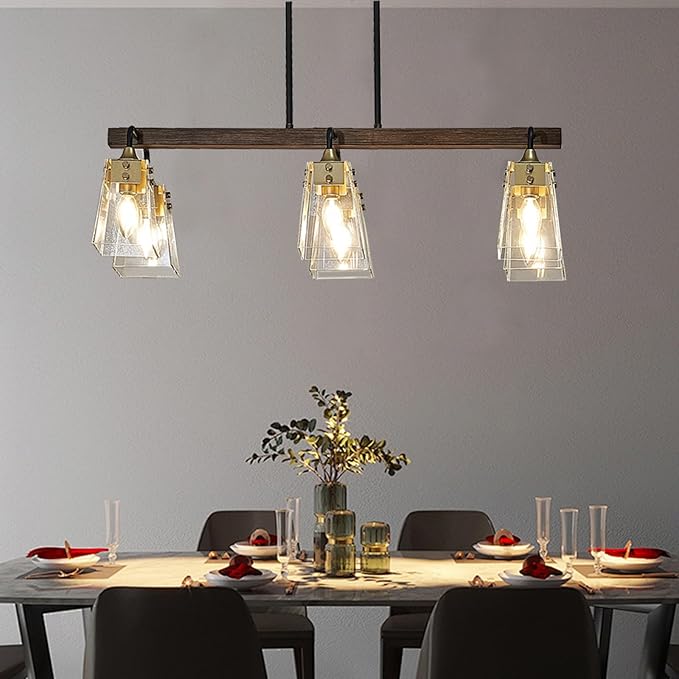 30-inch Farmhouse Chandelier, 6-Light Pendant Light Fixture with Clear Glass Shade & E12 Base, Adjustable Hanging Ceiling Light for Dining Room Kitchen Island Living Room Bar