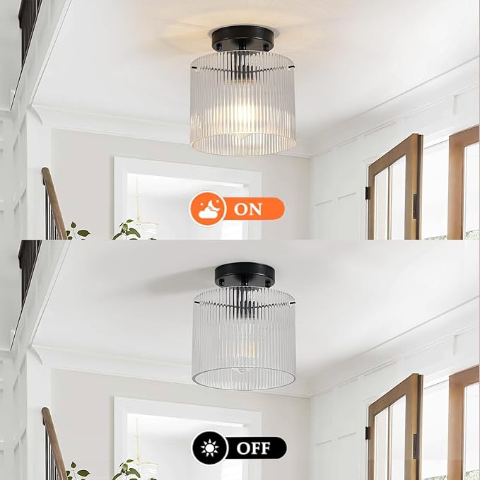 Modern Semi Flush Mount Ceiling Light, Industrial Clear Glass Ceiling Light, Crystal Ceiling Lamp, Farmhouse Hallway Light Fixtures for Entryway Kitchen Dining Room, Black
