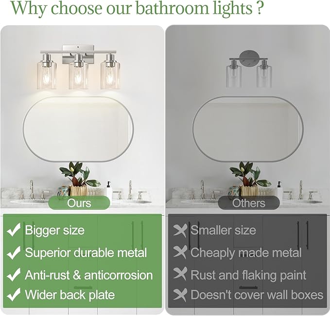 Indoi 3-Light Bathroom Light Fixtures, Brushed Nickel Vanity Lights with Clear Glass Shades, Modern Bathroom Wall Lamp for Mirror Living Room Cabinet Bedroom Porch