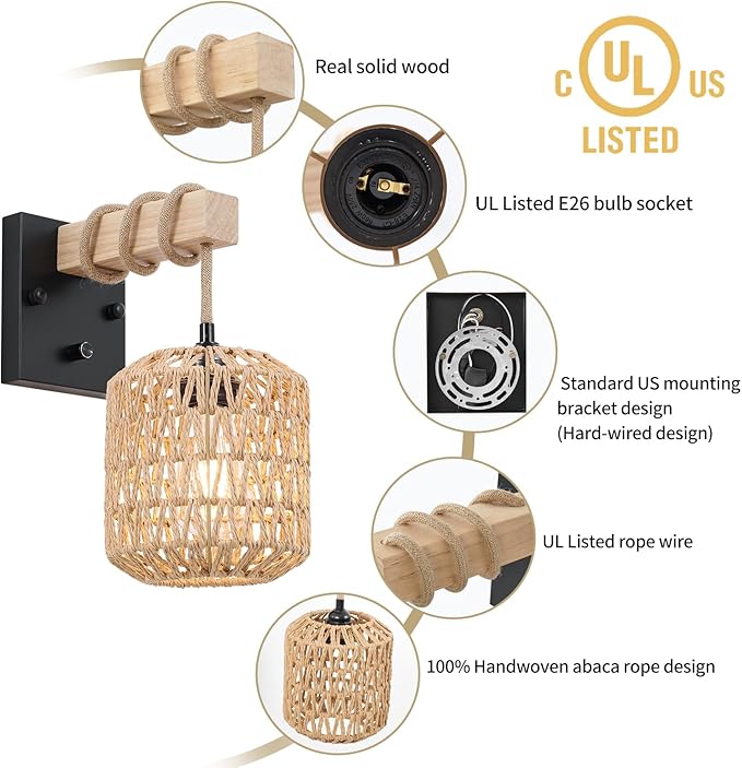 Rattan Boho Wall Sconces Set of Two, Hardwired Hand-Woven Farmhouse Wall Lamps with Wooden Arm & On/Off Dimmable Switch,Large Rustic Indoor Wall Mount Light Fixtures for Bedroom Nursery Bathroom
