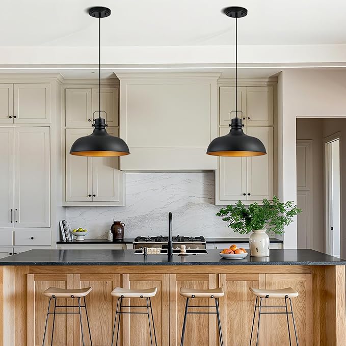 Black Farmhouse Pendant Lights 16 Inch Matte Pendant Lighting for Kitchen Island Industrial Adjustable Height Vintage Dome Hanging Light Fixtures for Barn, Dining Room 1 Pack