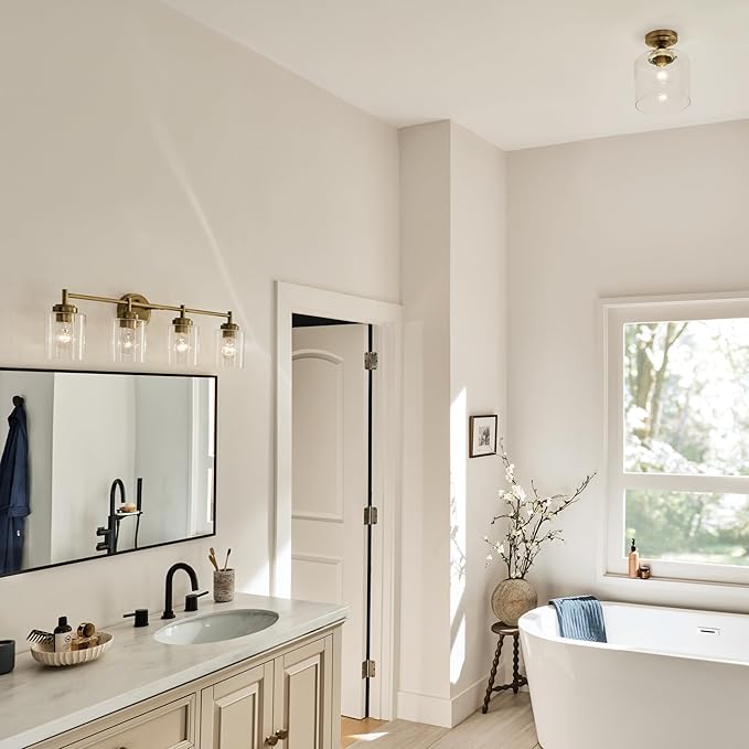 Kichler Winslow 8.5" 1-Light Semi Flush with Clear Seeded Glass in Natural Brass for Secondary Entrances, Transition Areas, Bedroom, or Office (10.75" x 8.5"), 44033NBR