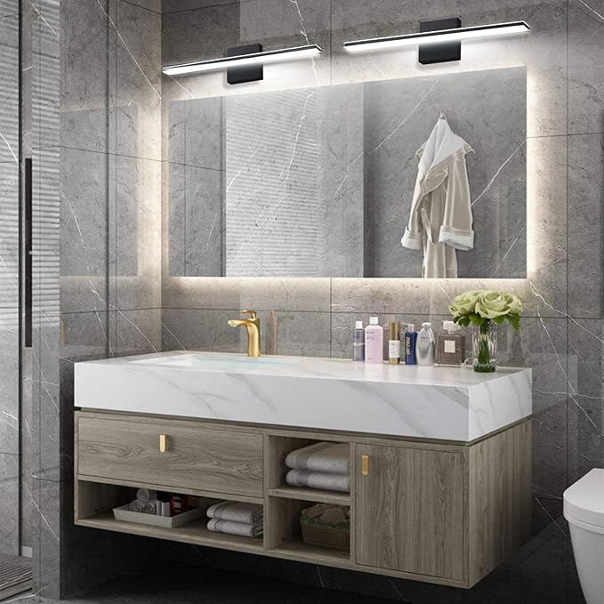 Black LED Vanity Lights 12W 20 Inch Bathroom Vanity Light Bar Acrylic Modern Bathroom Light Fixtures Over Mirror IP44 Wall Sconces Lights for Bathroom Bedroom Cool White 6000K
