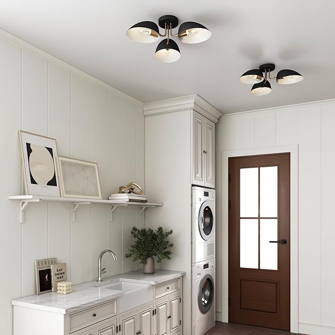 Nathan James Argo Semi Mount Flush Ceiling Light, 3-Lights Modern Retro Lighting with Black Rounded Shades for Hallway, Dining Room and Bedroom, Vintaged Brass/Black