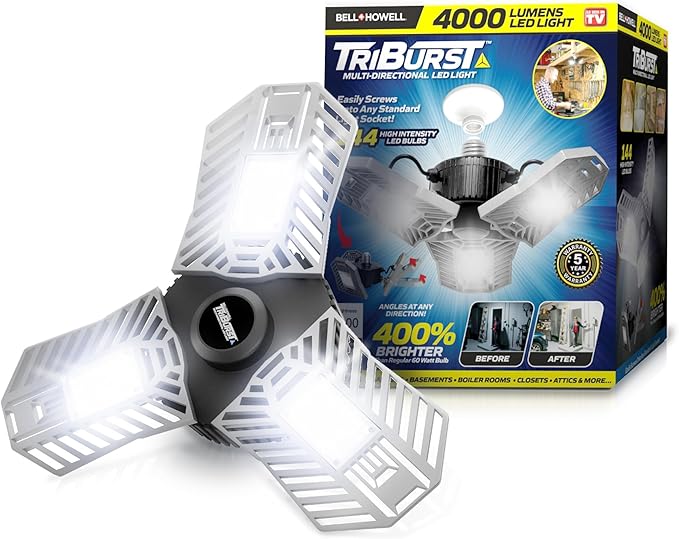 Bell+Howell TRIBURST Aluminum LED Socket Ceiling Light Bulbs 60W 4000 LM 6500K – 3 Deformable Panels LED Shop Light Fixture for Indoor, Bedroom, Living Room, Garage Lights, Home Improvement, E26 / E27