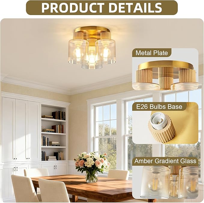 3-Lights Semi Flush Mount Ceiling Light Fixture, Gold Modern Close to Ceiling Light for Kitchen, Foyer, Entryway, Hallway, Dining Room, Amber Gradient Glass Shade with Solid Wood