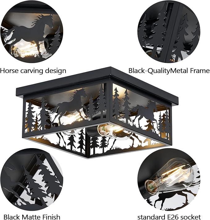Farmhouse Rustic Horse Ceiling Light Fixtures, Vintage Metal Cage Light Perfests for Kitchen,Living Room, Bedroom, Balcony, Entryway, Hallway, Cabin(Bulbs not Included)
