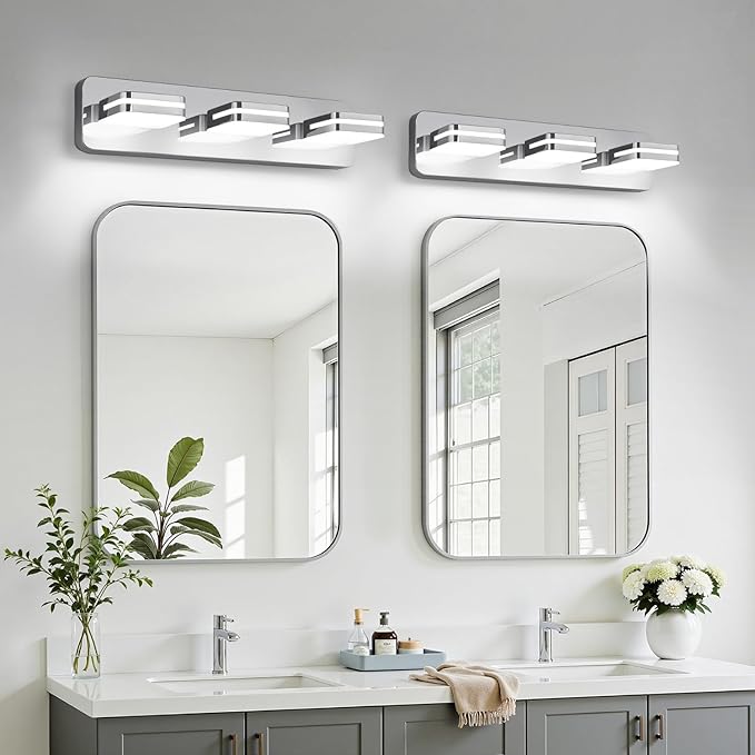 360° Rotate 3-Light LED Bathroom Vanity Light Fixtures, 1300LM Acrylic Chrome Vanity Lights for Bathroom, Modern Wall Lighting Fixtures Over Mirror Kitchen Living Room (Natural White Light 5000K)