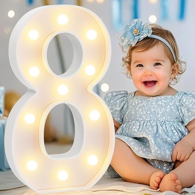 Pooqla Large Light Up Numbers for 8th Birthday Decorations, 12.6 in Tall White Plastic Marquee Numbers Sign Party Decorations, Gift for Girls Boys Night Light Wedding Anniversary Decor, Big Number 8