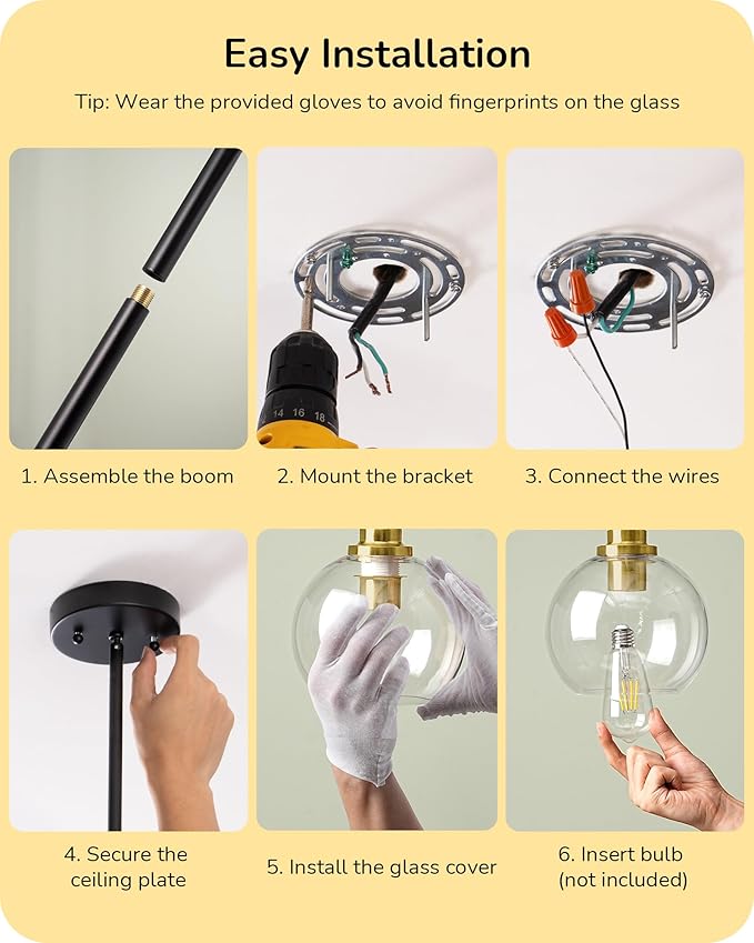 EDISHINE Mid Century Kitchen Pendant Lighting Over Island 2 Pack, Clear Glass Globe Shade, Hardwired Black and Gold Adjustable Hanging Light Fixtures for Dining Room, Entryway