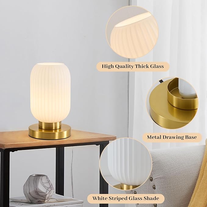 Dimmable White Glass Table Lamp: Mid Century Modern Nightstand Light with Milk White Shade - Small Decorative Brass Desk Lamp - Ribbed Glass Bedside Tables Lamps for Bedroom Living Room Bulb Excluded