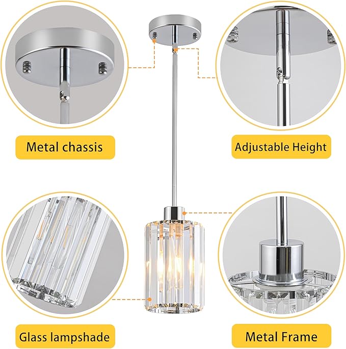 Modern Mini Crystal Pendant Lights Chandeliers Adjustable Sloped LED Hanging Ceiling Fixture Glass small Crystals for Kitchen Island Bathroom Living Room, Dining Room, Hallway, Bar 1PC (Chrome)