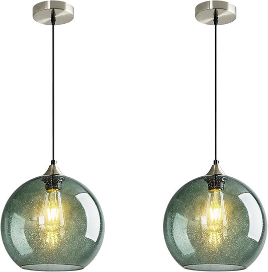 Modern 2-Pack Glass Globe Pendant Lights, Gray Green Modern Pendant Lighting for Kitchen Island, Glass Hanging Lamps for Dining Room Living Room Bedroom, Large 9.85 Inch Fixture (Bulbs Not Included)