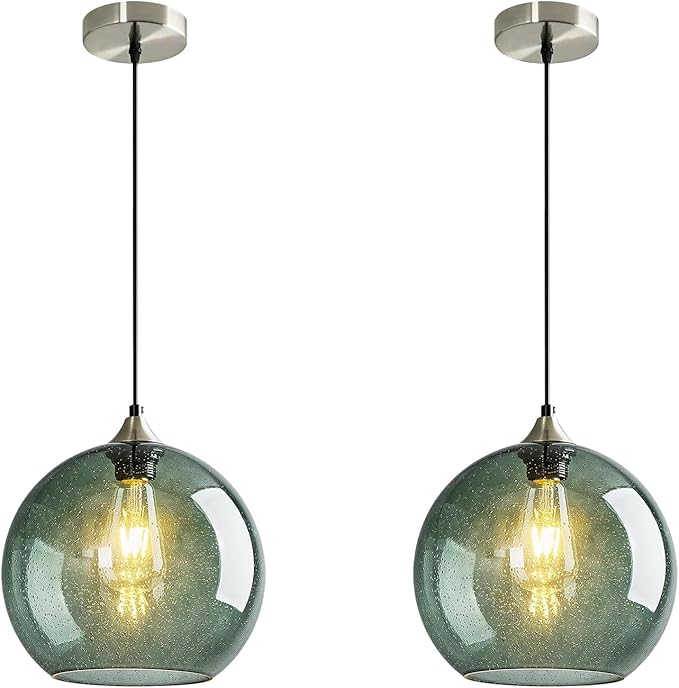 Modern 2-Pack Glass Globe Pendant Lights, Gray Green Modern Pendant Lighting for Kitchen Island, Glass Hanging Lamps for Dining Room Living Room Bedroom, Small 5.9 Inch Fixture (Bulbs Not Included)