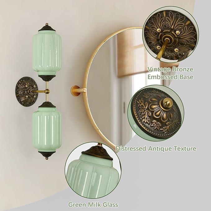 Vintage Milk Glass Bathroom Vanity Light - 25" Green Dimmable Wall Sconce with Bulb - Mid Century Vertical or Horizontal Mounted Sconces - Modern Brass Gold Lighting Fixture for Indoor Bedroom Hallway