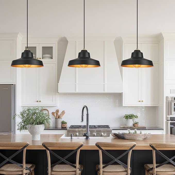 12 Inch Black Pendant Light Fixture,Farmhouse Hanging Lamp Adjustable Height Dome Pendant Lights for Kitchen Island Dining Room,3 Pack