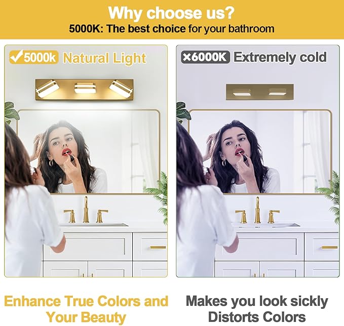 360° Rotate LED Bathroom Vanity Light Fixtures, 1300LM Acrylic Gold Vanity Lights for Bathroom, Modern Wall Lighting Fixtures Over Mirror Kitchen Living Room Hallway (Natural White Light 5000K)