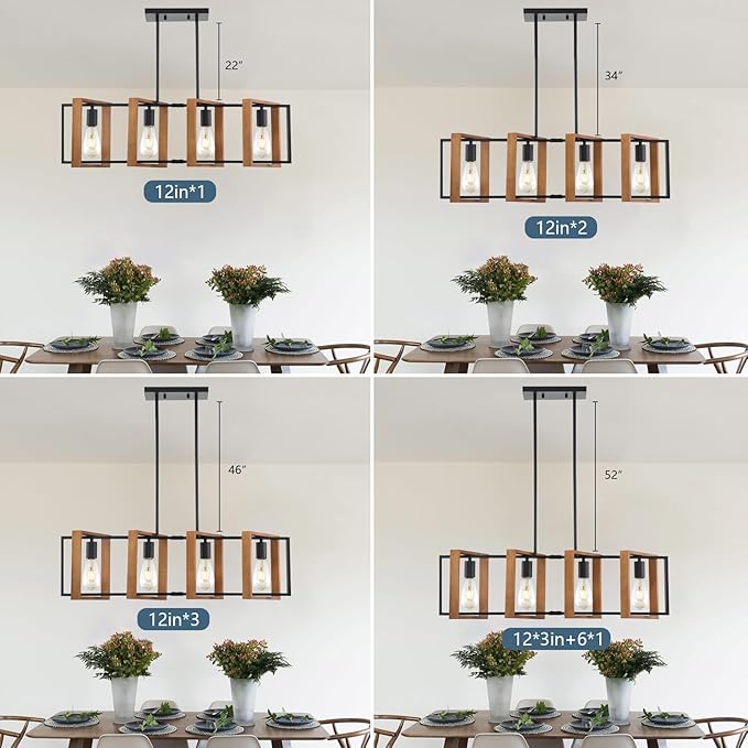 35.4" Kitchen Island Lighting,4 - Light Dining Room Farmhouse Chandelier,Black Modern Pendant Lighting,Pool Table Lights,Wood and Matte Black Metal Finish