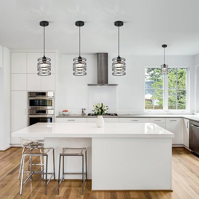 Black Mini Pendant Light Fixture 1-Pack Modern Kitchen Island Pendant Lighting 6.3 Inch Spiral Cage Handblown Hammered Seeded Glass Shade for Dining Room Bedroom Foyer Hallway Bar, E26