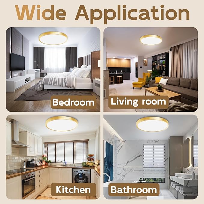 Hlite Dimmable 4pack 12 inch Gold Flush Mount Ceiling Light,24W 2600LM Super Slim 3000K/4000K/5000K 3CCT Selectable,Dimmable Ceiling Light Fixtures for Kitchen,Bedroom (Gold)