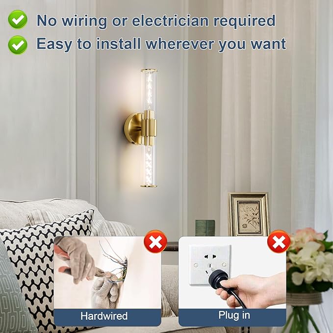 Battery Operated Wall Sconces Set of Two Glass Gold Rechargeable Wall Sconces with Remote Control LED Dimmable Wall Lights for Living Room Hallway (2 Pack)