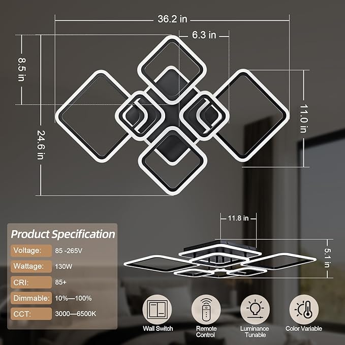 Smart LED Ceiling Light, 40.2″ Square Flush Mount Fixture, 6+1 Ring Modern Design, 130W Dimmable Acrylic Light with Remote, WiFi Alexa & App Control for Bedroom Living Room Dining Room (Black)