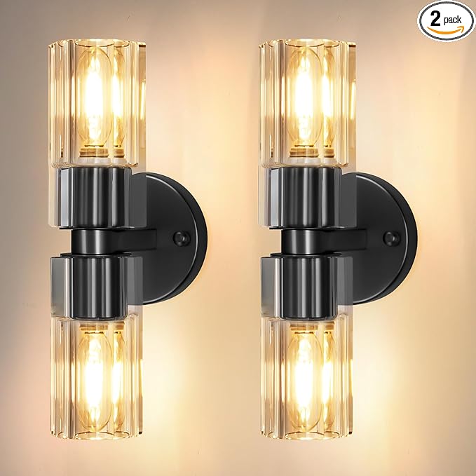 Crystal Wall Sconces Set of Two, 13'' Modern Brass Sconces Lighting with K9 Crystal Lampshade, Indoor Large Brass Wall Light Fixtures for Living Room Bathroom Hallway Stairs Bedroom