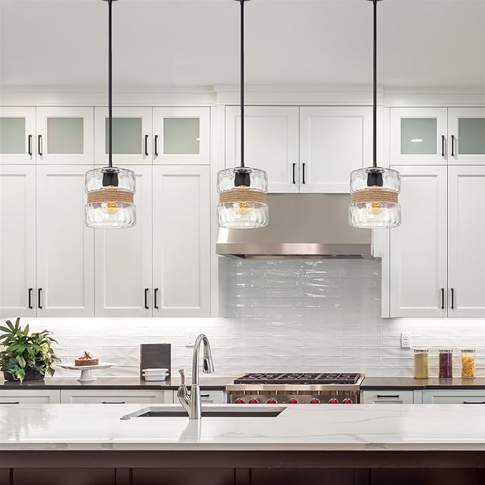 Kira Home Sage 10" Farmhouse Hammered Glass Pendant Light with Natural Rope Accent, Industrial Cylinder Glass Shade Hanging Light, Textured Black Finish