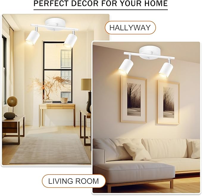 BoostArea LED 2 Light Track Lighting Kit, White 2 Way Ceiling Spot Lighting, Flexibly Rotatable Light Head for Kitchen, Living Room, Bedroom, GU10 Bulb Not Included