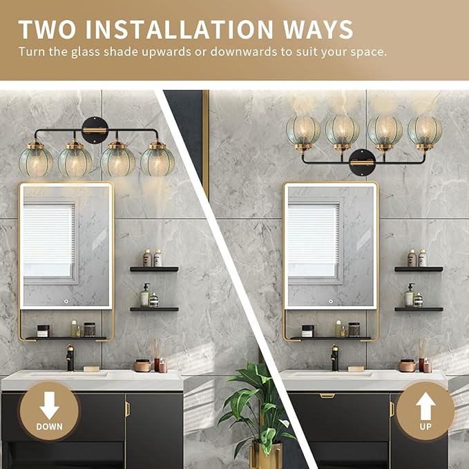 2-Pack Glass Wall 4-Lights Bathroom Vanity Light fixtures Green Glass Globe Shade Mid Century Modern Light Fixture Black Large Wall Sconce for Over Mirror Bath Living Room Cabinet