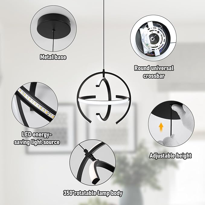Black Modern LED Chandeliers, Dimmable Globe Pendant Lights Fixture, 13" Metal Adjustable Hanging Lamps are Suitable for Kitchen lsland, Dining Room Bedroom Foyer Hallway Stairway