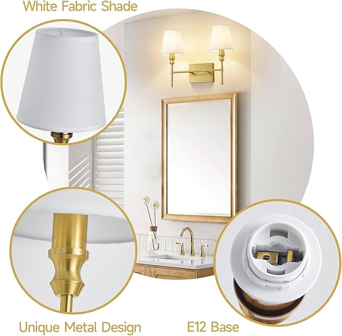 Bathroom Light Fixtures Over Mirror,Brush Brass Vintage Wall Sconces, 2-Light Bathroom Vanity Light With Flared White Fabric Lampshade For Bedroom,Living Room,Hallway,Foyer,Hardwired, E12 Base