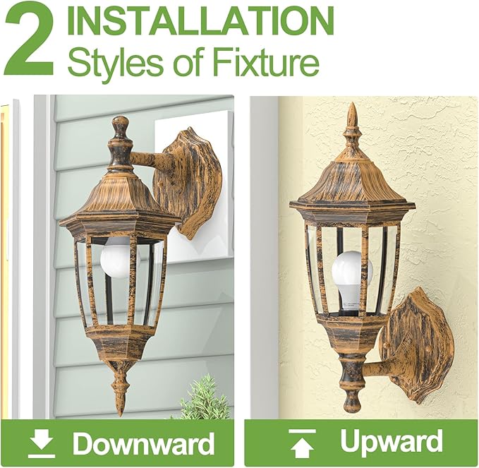 EMART Outdoor Porch Light, Brushed Gold, Anti-Corrosion Plastic Material, Wall Mount Lantern for Backyard, Garage, Front Porch - 2 Pack
