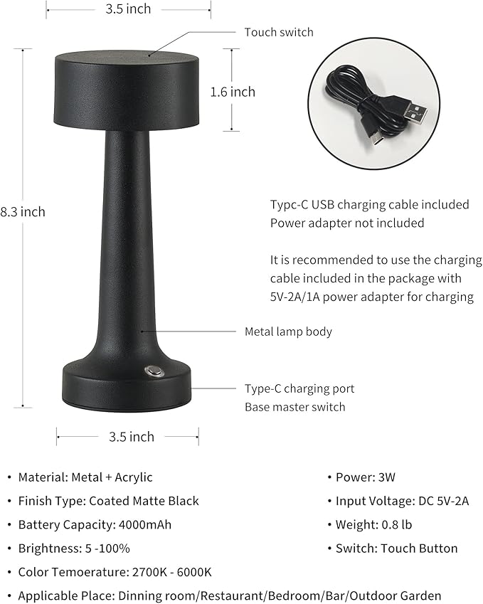 PUSU Cordless LED Black Small Table Lamps Set of 2, Portable Rechargeable 4000mAh Battery Operated Desk Lamp, 3 Color Stepless Dimming for Kids, Restaurant, Bedside, Outdoor, Bar, Night Light, Gift