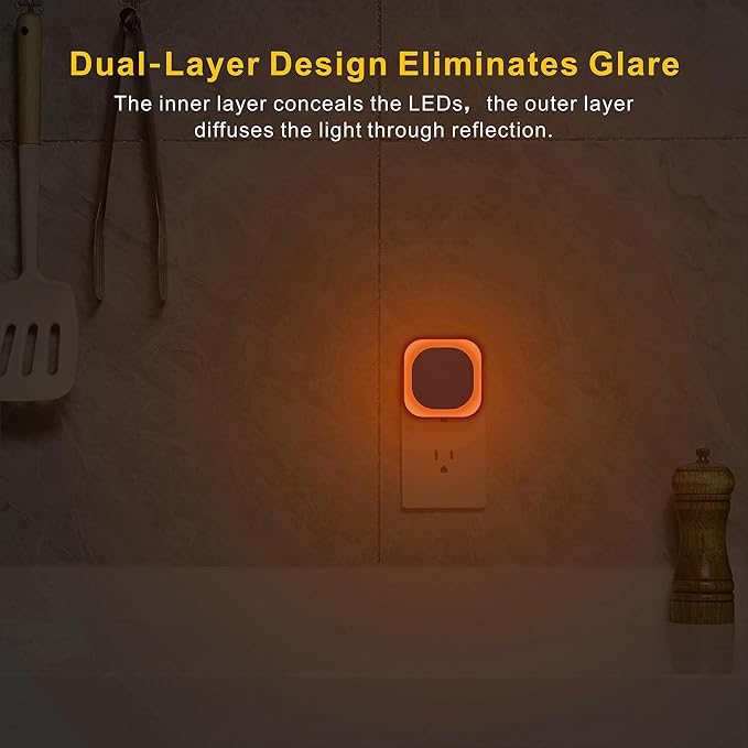 YUNLEX 4 Pack Amber Night Light, Dusk to Dawn Sensor, Warm Glare-Free Reflected Glow, 3-Level Dimmer, Auto On/Off, Plug-in LED Nightlight for Bedroom, Kids, Bathroom, Sleep, Baby Nursery, Toddler