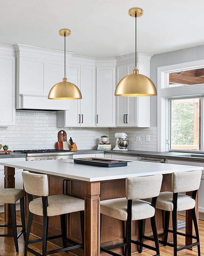 Gold Pendant Lights, 11.8" Farmhouse Pendant Light for Kitchen Island, Vintage Pendant Light Fixtures for Dining Room, Living Room, Bedroom, Dome Pendant Lighting, 2 Pack