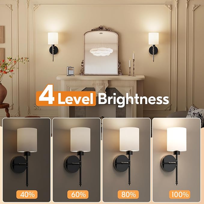 NIORSUN 15 inch Battery Operated Wall Sconce Set of 2, Black Wireless Rechargeable Wall Lights with 5200mAh Dimmable Detachable Bulbs and Remote, 9 Colors Sconces Wall Decor for Bedroom Living Room