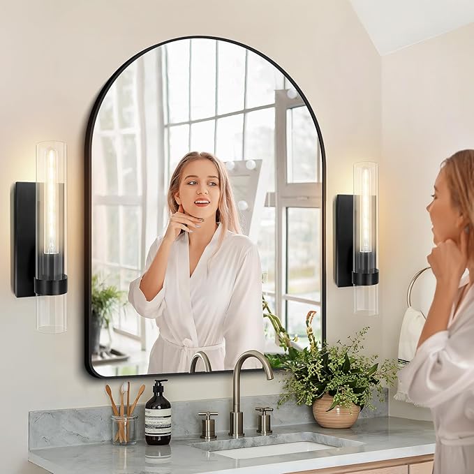 Wall Sconces Set of Two, 18" Black Bathroom Sconces with Clear Glass, Hardwired Modern Sconces Wall Decor Set of 2 Wall Light Fixtures for Bathroom Bedroom Living Room Mirror Hallway