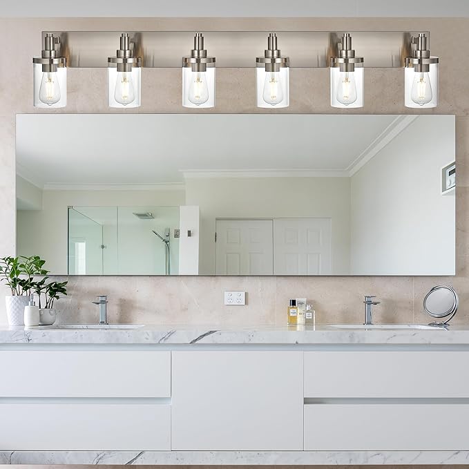 6-Light Vanity Light Fixture Modern Bathroom Light Fixtures Over Mirror, Brushed Nickel Finish with Clear Glass Wall Sconces Lighting for Bathroom Mirror Bedroom Kitchen Corridor Staircase