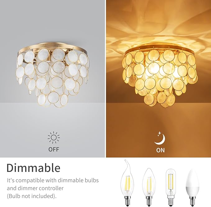 3-Light Capiz Shell Ceiling Light, Coastal Design Flushmount Light Fixture for Dining Room, Living Room, Bedroom, True Shell & Gold Finish Frame