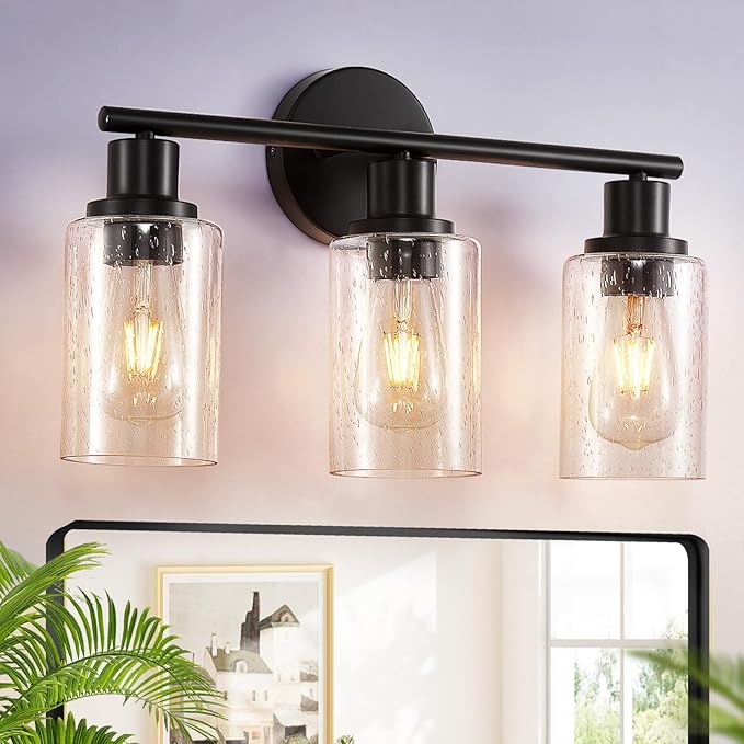 DLLT 3-Light Bathroom Light Fixtures: Black Modern Vanity Lights with 3 E26 Bulbs - Bubbled Glass Shade Bathroom Wall Lamp for Mirror Kitchen Living Room Hallway Cabinet Porch