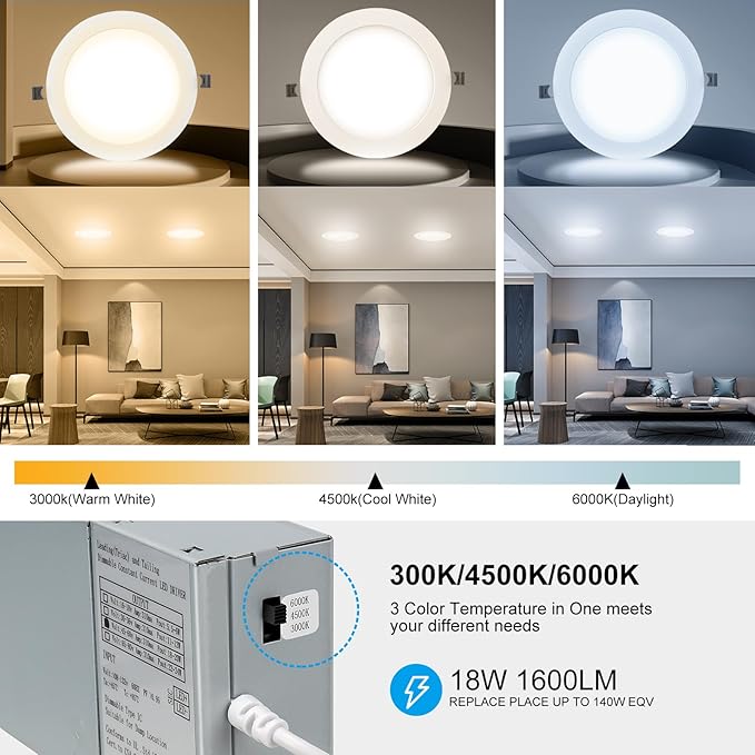 Elaruslux 4 Pack 7 Inch 3CCT Ultra-Thin LED Recessed Light with Junction Box, 3000K/4500K/6000K Selectable, 18W Eqv 125W, Dimmable Canless Downlight, 1600LM High Brightness(4-Pack)